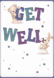This get well card design sparkles with inviting warmth and playful optimism-a perfect fit for the welcoming spirit found among Westcombe Park's leafy lanes. Two endearing characters, a teddy bear and a joyful puppy, seem to leap off the page, each balancing and cradling the bold, cheerful letters of 'Get Well.' The lettering itself pops in hues of indigo and teal, gracefully set against a soft, creamy backdrop that suggests gentleness and care. Tiny twinkling stars, rendered in blues and purples reminiscent of dusk skies seen from Maze Hill, add a whimsical lift, creating a background full of hope and possibility. The illustration's attention to tactile detail-downy bear fur, velvety puppy ears-evokes the comfort of a warm embrace. More than just a card, this is an emotional balm, a kind message beautifully suited to the thoughtful touch of a local delivery from Westcombe Park, certain to lift spirits and offer real comfort during recovery.